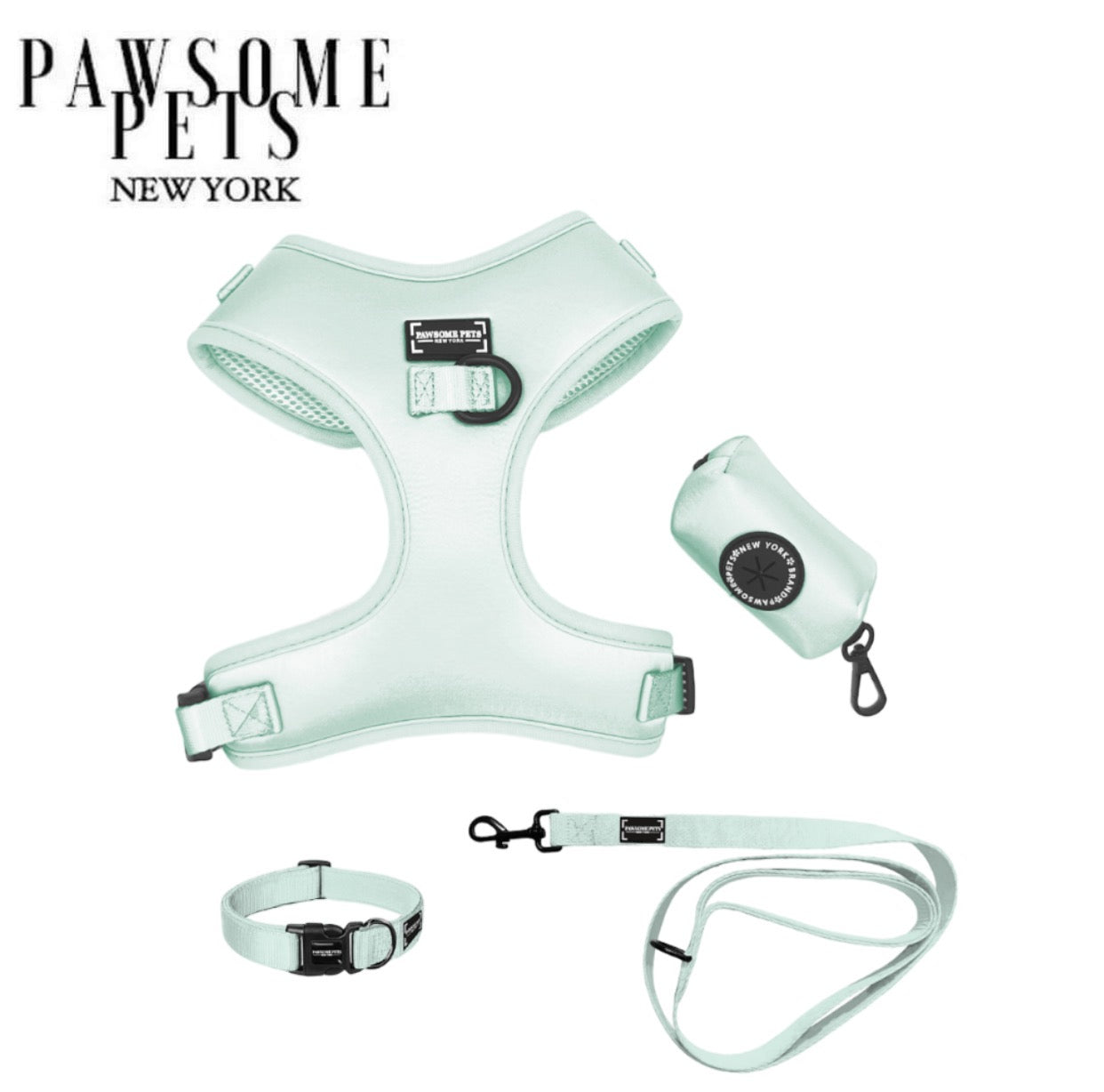 Pet Starter Bundle – Harness, Collar, Lead, Poop Bag Holder & Bowtie – Mint Green